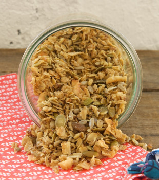 My favorite granola is made with lots of oats, seeds, coconut, nuts, and maple syrup.