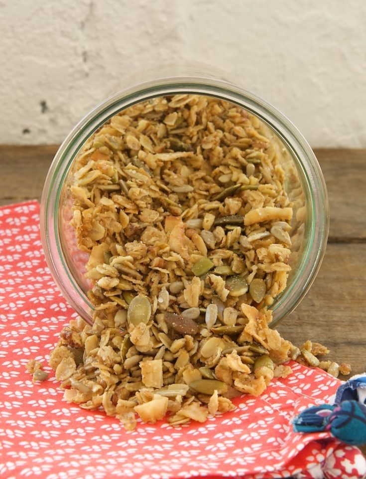 My favorite granola is made with lots of oats, seeds, coconut, nuts, and maple syrup.