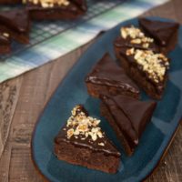 Chocolate Ganache Brownies on a long blue tray