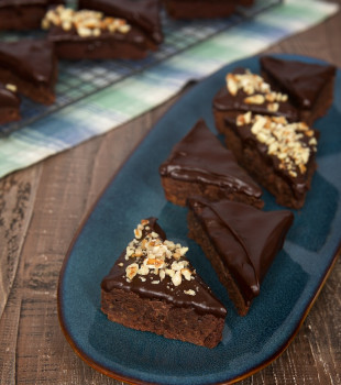 Chocolate Ganache Brownies on a long blue tray