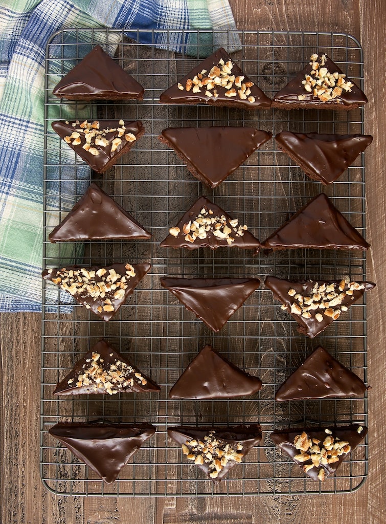 overhead view of Chocolate Ganache Brownies on a wire rack