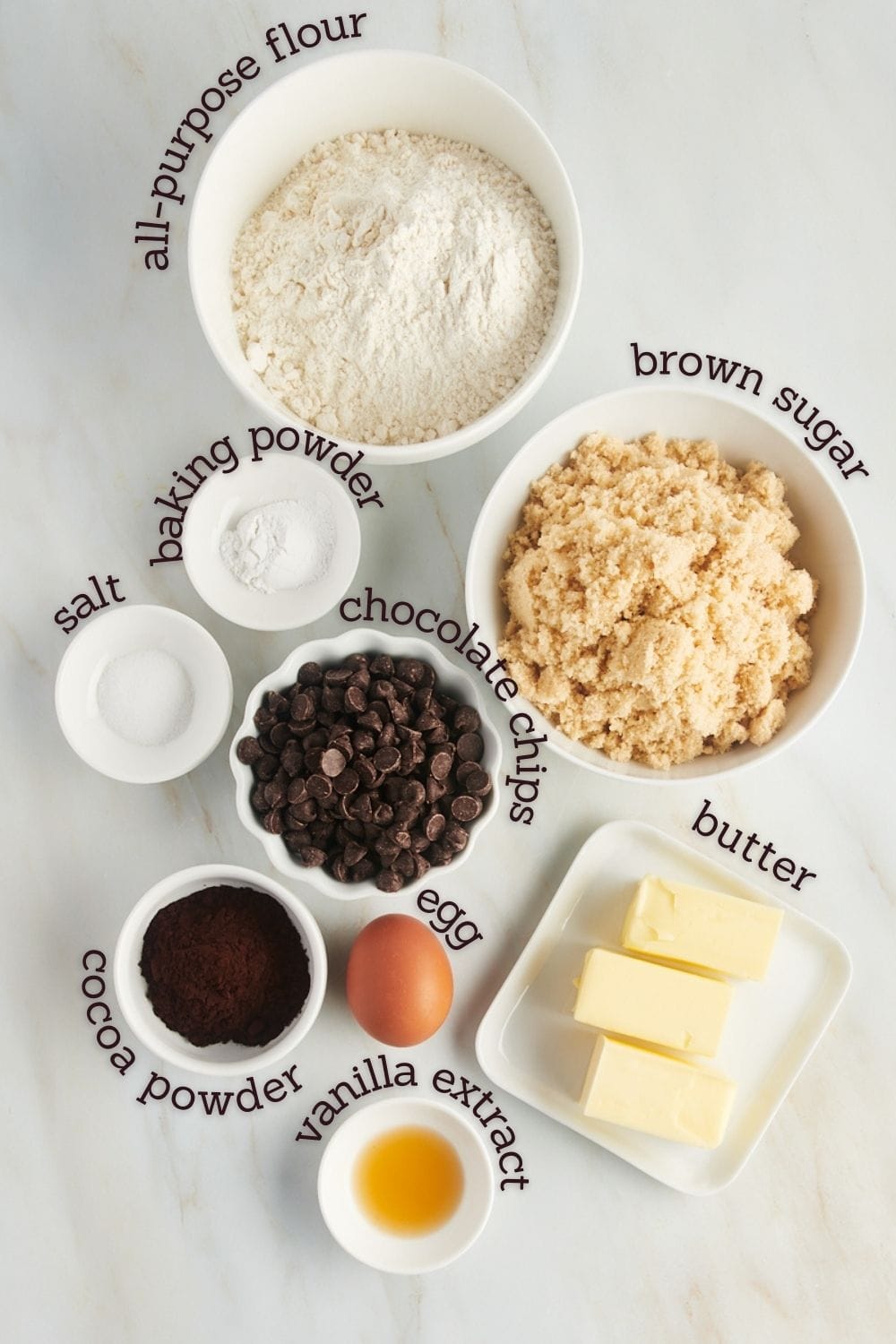 Overhead view of ingredients for chocolate chocolate chip cookies