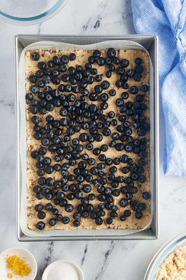 Fresh blueberries on top of shortbread dough.