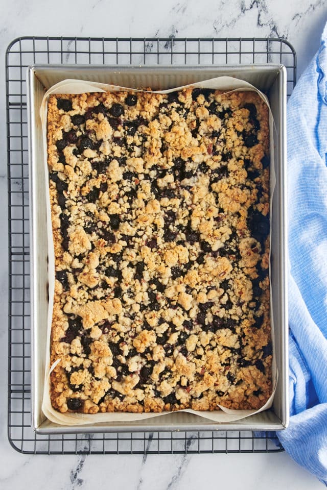 Baked blueberry shortbread in a pan.