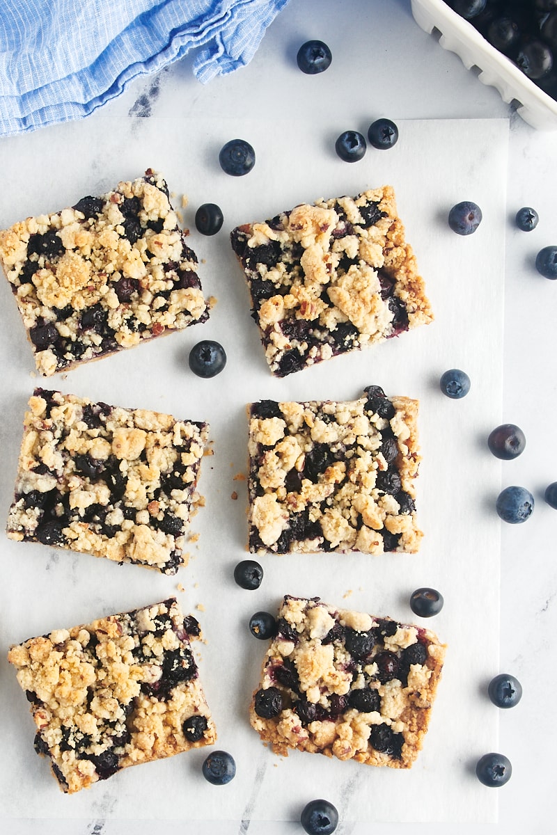 Blueberry bars with fresh blueberries.