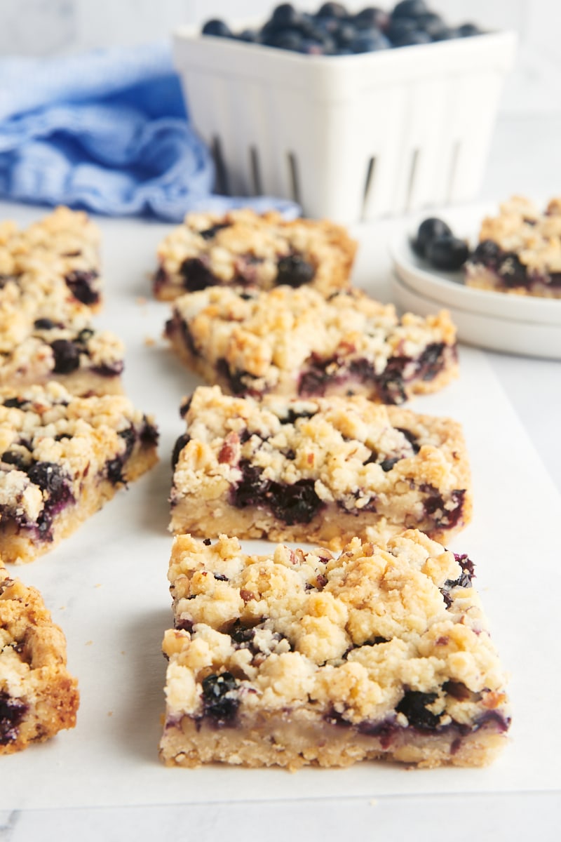 Blueberry pie bars with pecan shortbread crust.