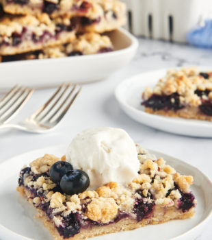 A blueberry bar with vanilla ice cream on a plate.
