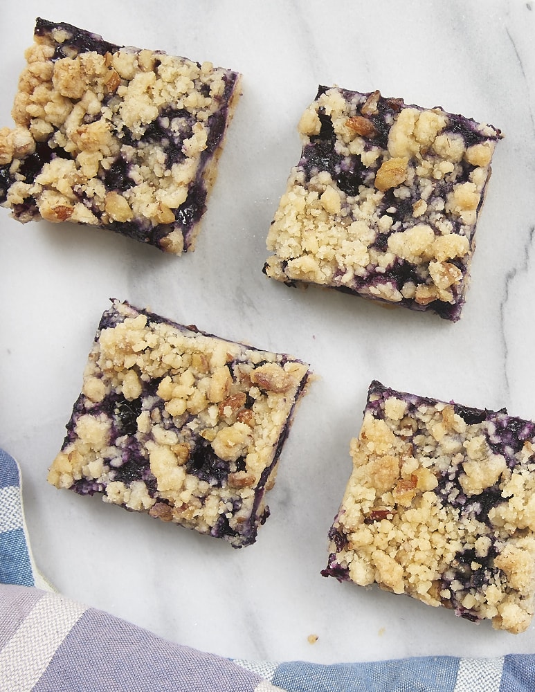 Overhead view of 4 Blueberry Pecan Shortbread Bars on marble slabs