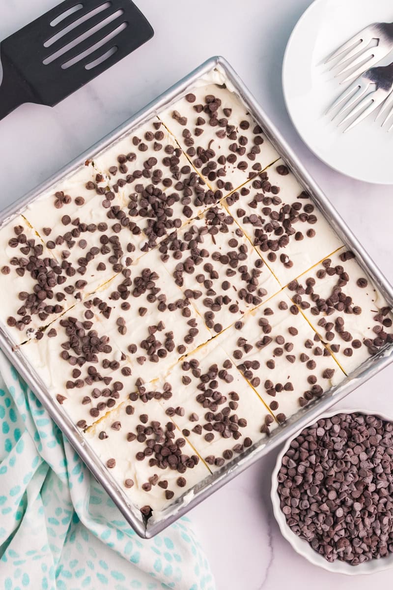 overhead view of cannoli icebox cake in a square pan
