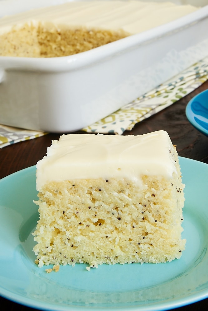 slice of Lemon Poppy Seed Cake on a blue plate