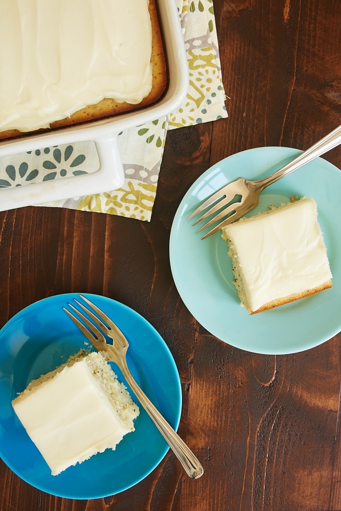 slices of Lemon Poppy Seed Cake served on blue plates