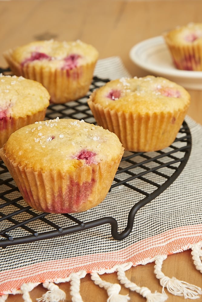 Lemon Raspberry Muffins on a wire rack