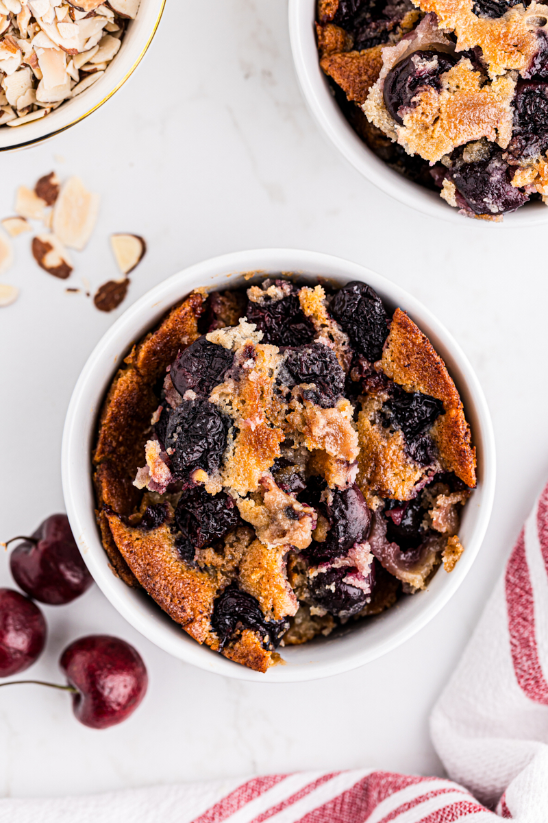 Overhead view of brown butter cherry cobbler in bowl