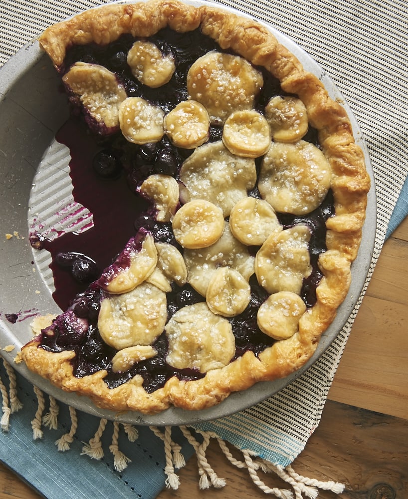 overhead view of Blueberry Ginger Pie in a metal pie pan