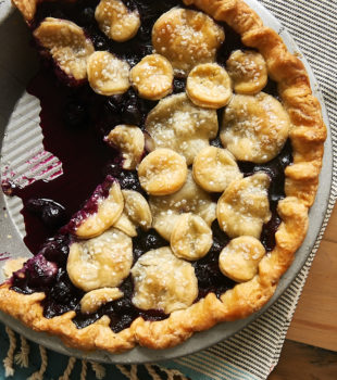 overhead view of Blueberry Ginger Pie in a metal pie plate