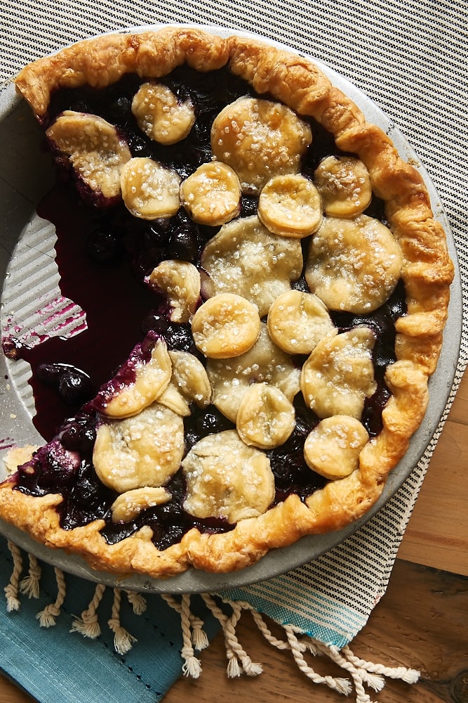 Overhead view of Blueberry Ginger Pie in a metal pie plate.