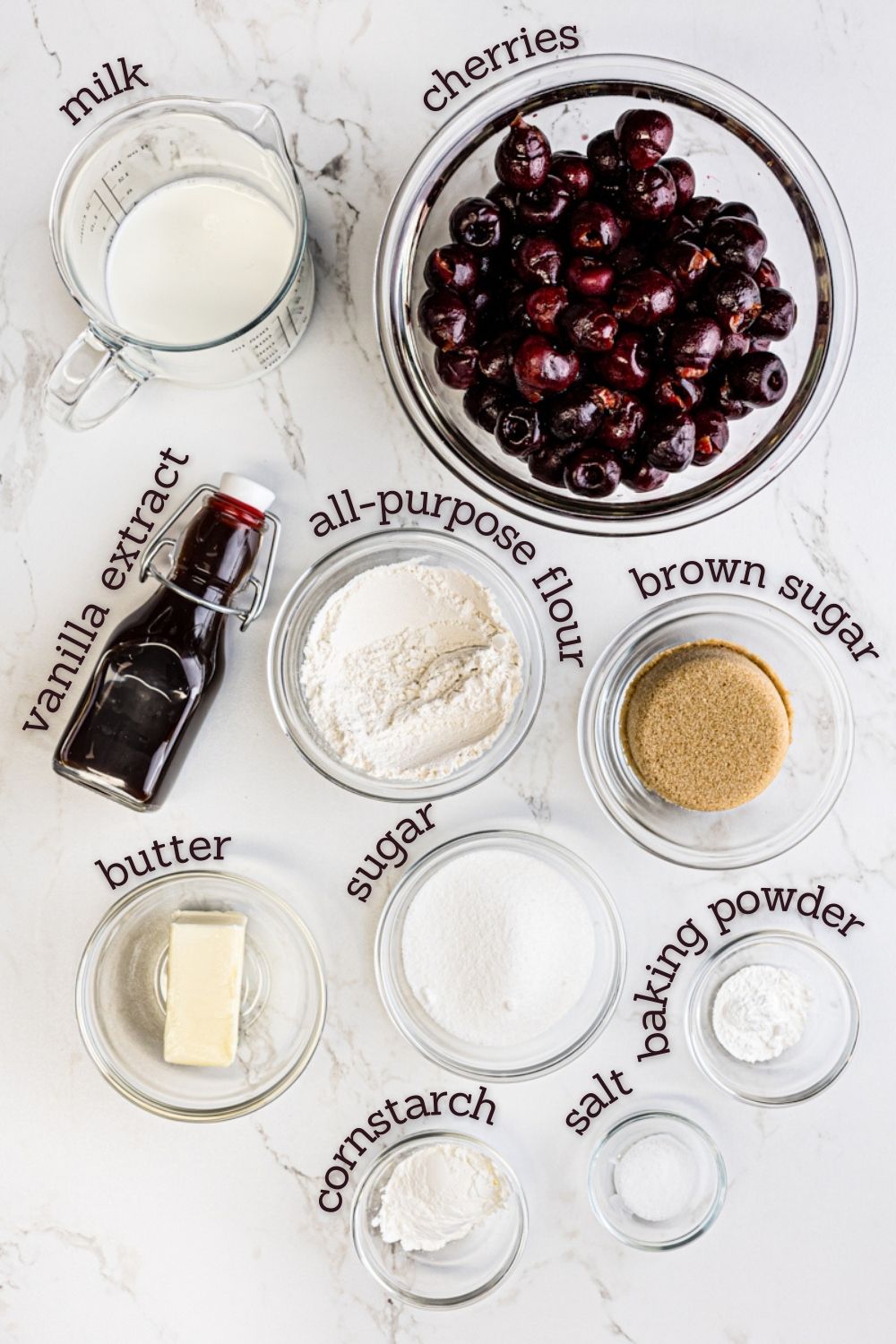 Overhead view of ingredients for brown butter cherry cobbler