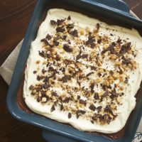 overhead view of Peanut Butter Chocolate Delight in a blue dish