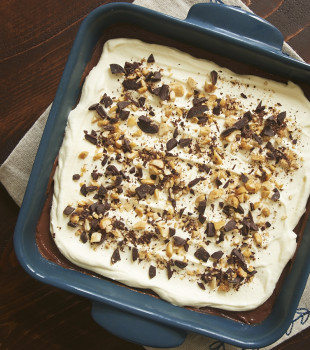 overhead view of Peanut Butter Chocolate Delight in a blue dish