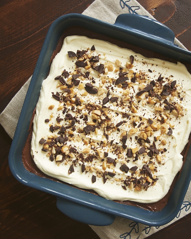 overhead view of Peanut Butter Chocolate Delight in a blue dish