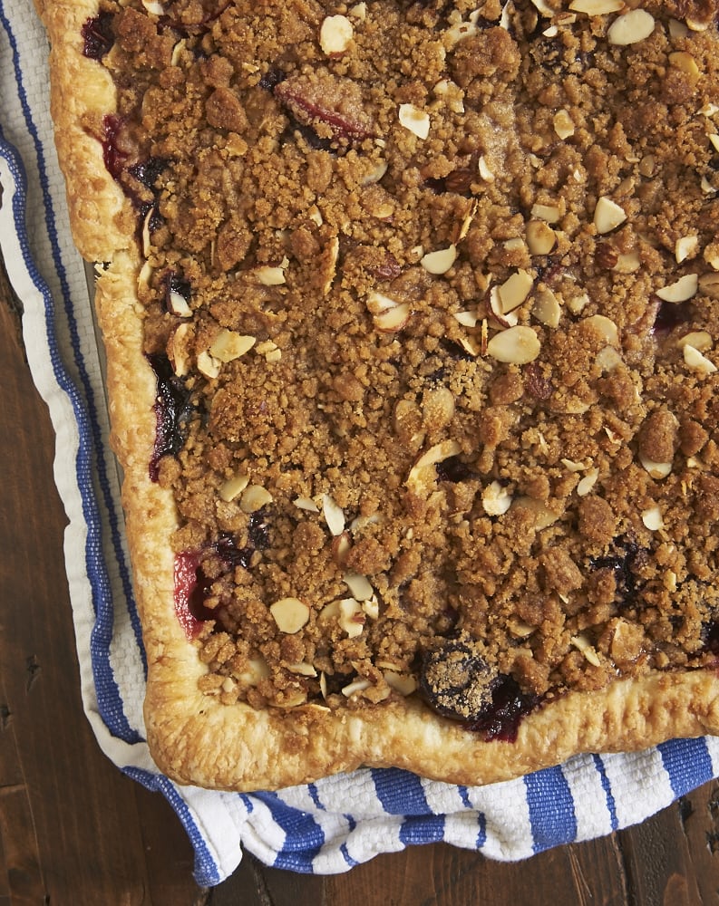 overhead view of Cherry Plum Slab Pie in a sheet pan