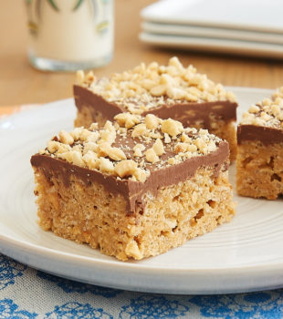 Chocolate Peanut Butter Crispy Treats served on a light gray plate