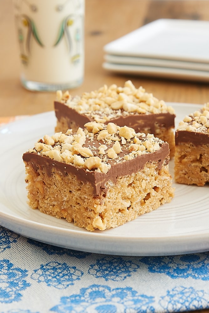 Chocolate Peanut Butter Crispy Treats served on a light gray plate