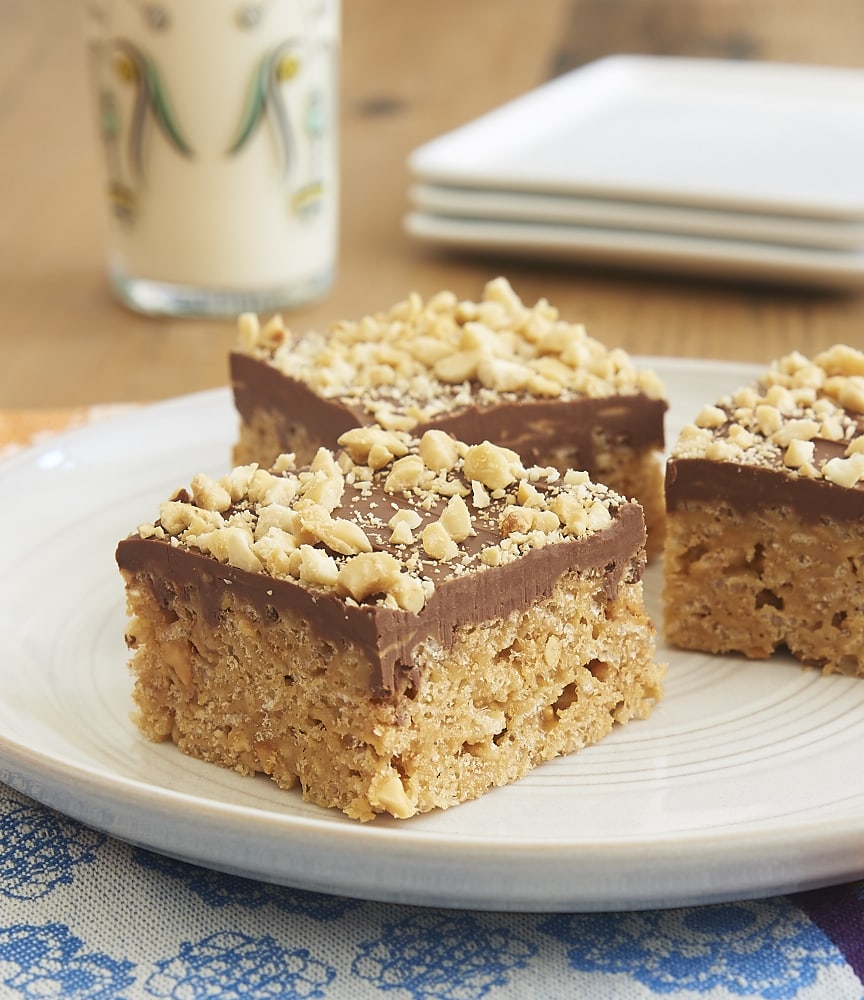 Honey and peanut butter stand in for marshmallows in these irresistible Chocolate Peanut Butter Crispy Treats. - Bake or Break