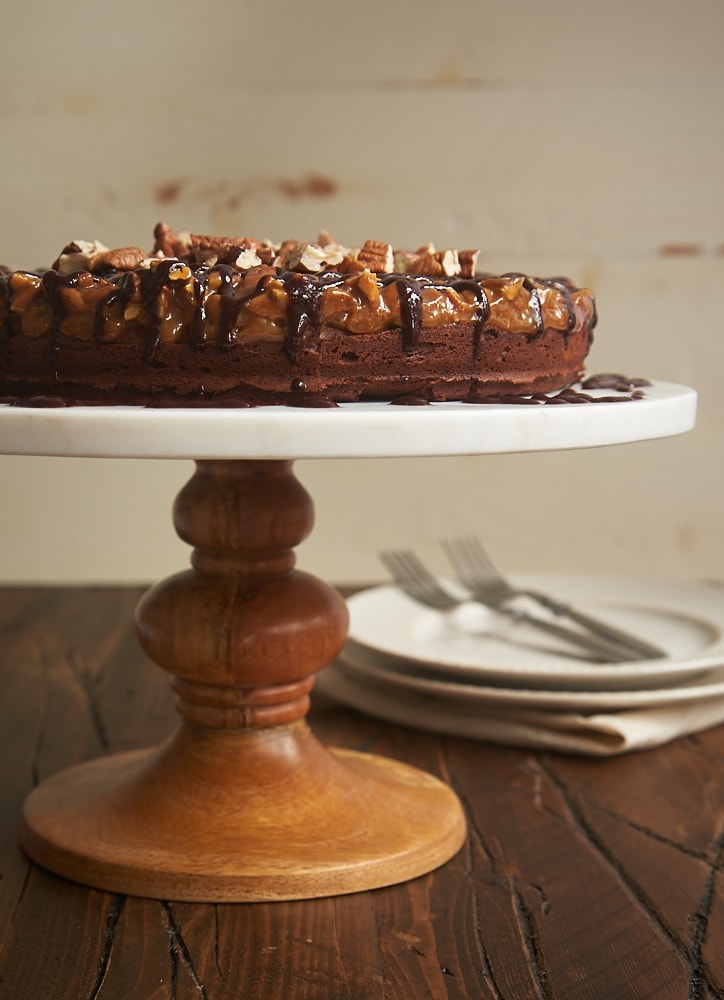Caramel Pecan Brownie Cake is perfectly rich, gooey, nutty, and mouthwatering! - Bake or Break