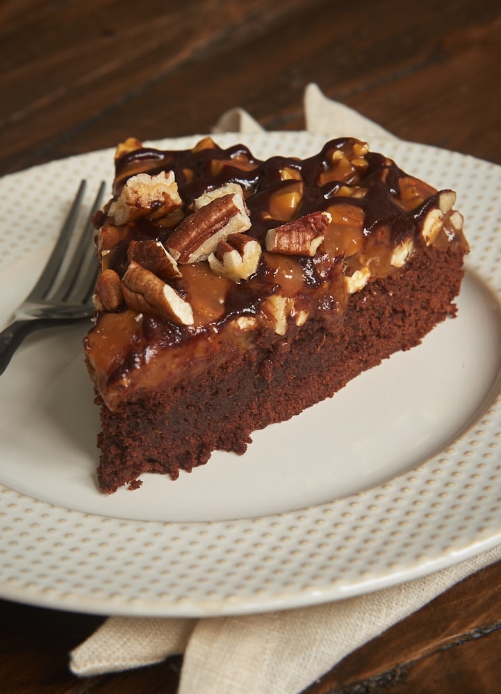 Caramel Pecan Brownie Cake is perfectly rich, gooey, nutty, and mouthwatering! - Bake or Break