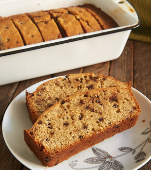 slices of Espresso Chocolate Chip Bread on a white and gray floral plate