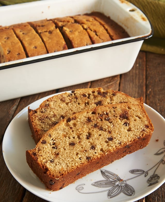 slices of Espresso Chocolate Chip Bread on a white and gray floral plate