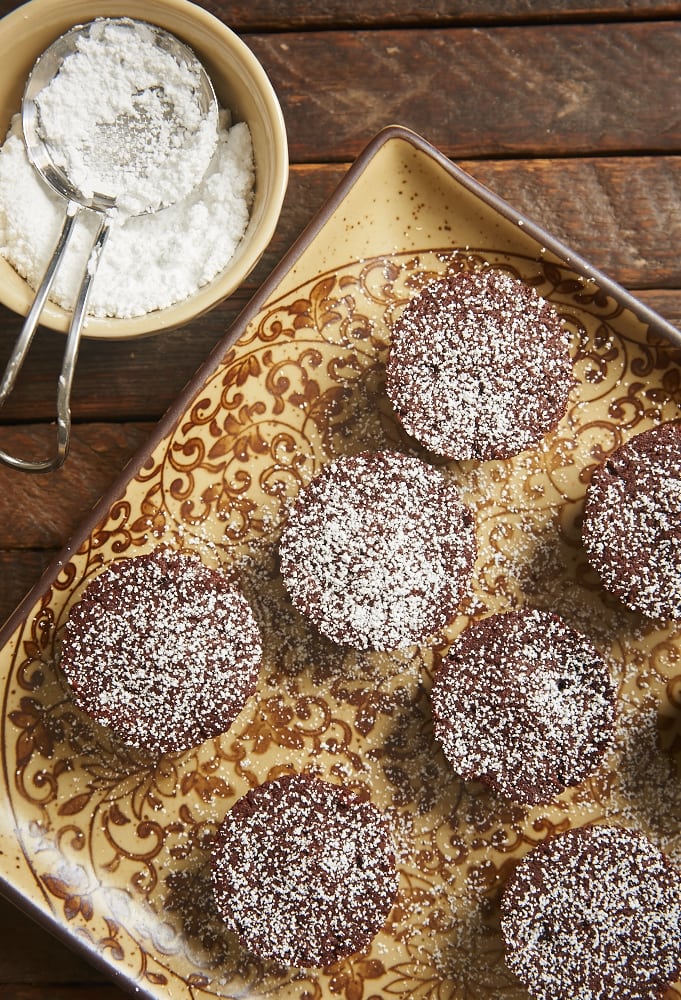 Kahlua Fudge Cakes on a brown and beige patterned tray