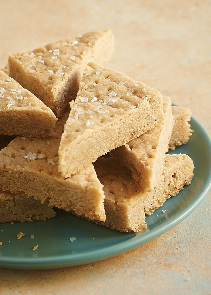 Brown sugar shortbread cut into triangles.