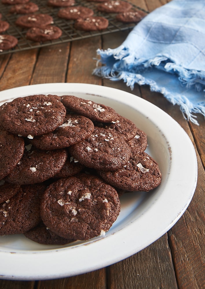 Salted Double Chocolate Cookies on a white plate