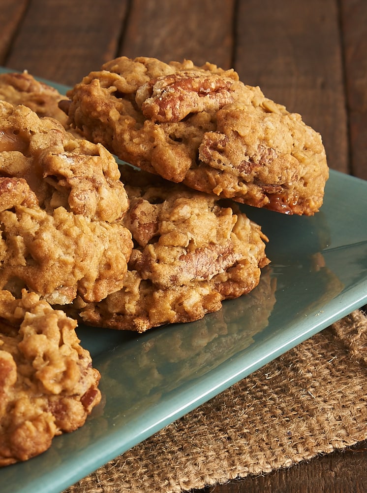 stack of Butter Pecan Oatmeal Cookies on a green plate