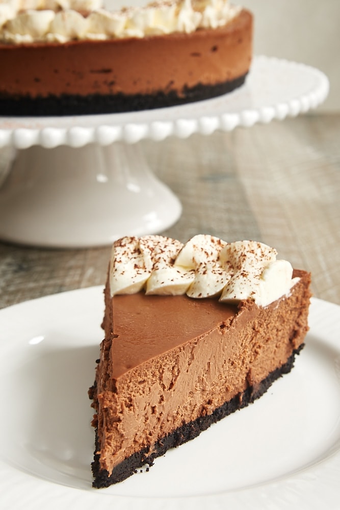 slice of Chocolate Kahlua Cheesecake on a white plate