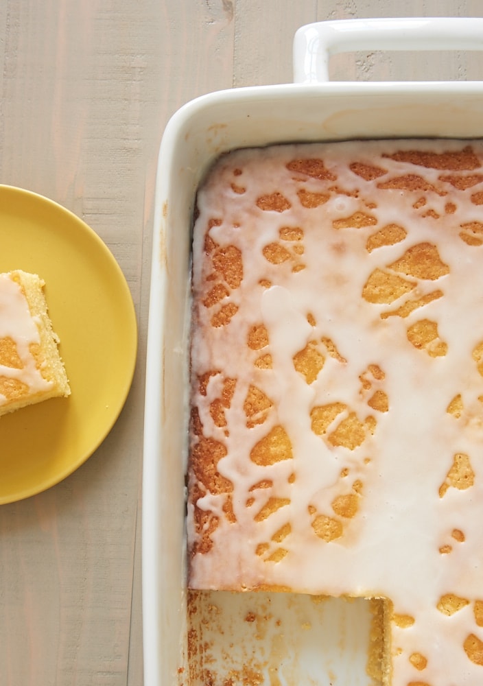 overhead view of Lemon Pound Cake Bars in a white baking pan