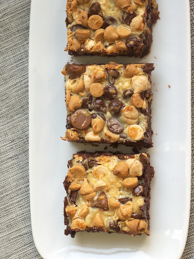 overhead view of n-Layer Brownies on a small white tray