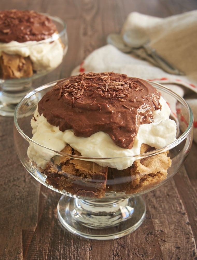 Blondie Pudding Trifles served in footed glass bowls