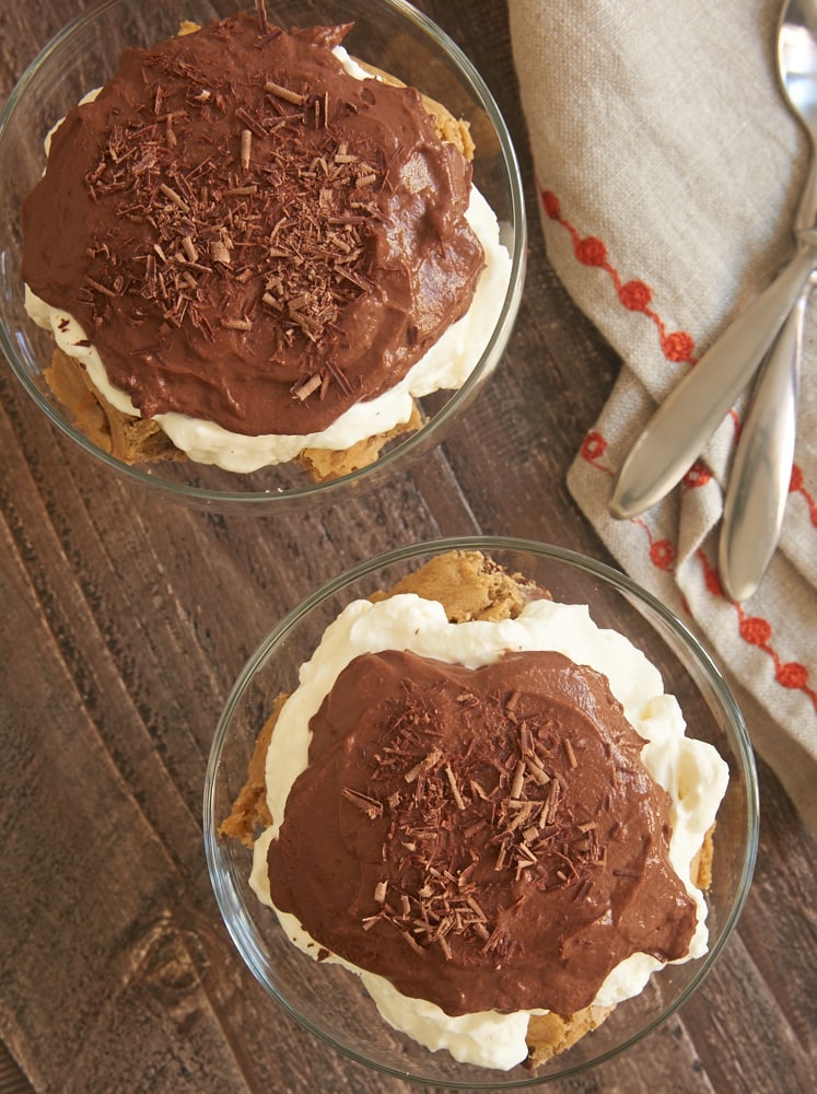 Blondie Pudding Trifles topped with chocolate shavings