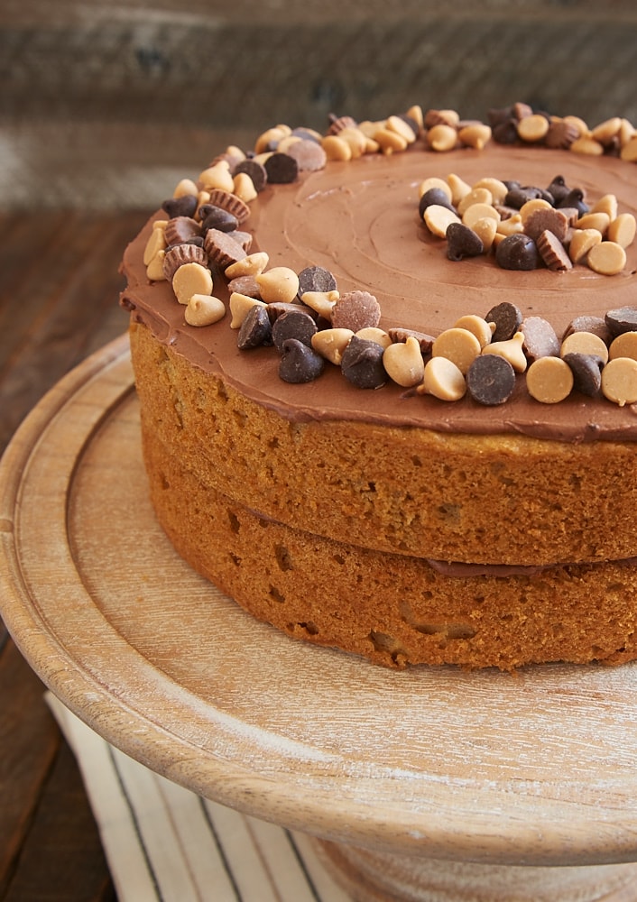 Fans of chocolate and peanut butter will be wowed by this beautiful, sweet, delicious Peanut Butter Cake with Chocolate Frosting! - Bake or Break