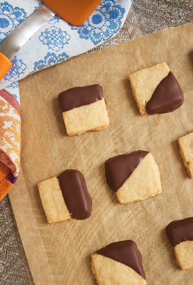 Hazelnut shortbread cookies dipped in chocolate.