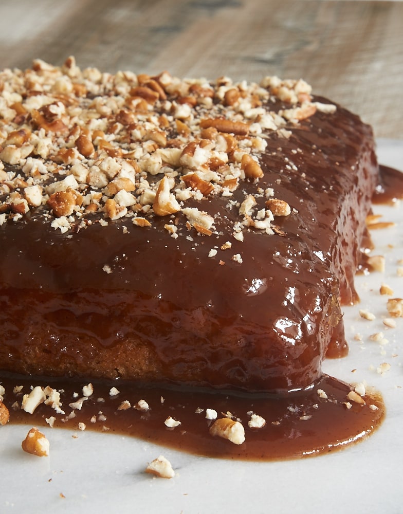 Cinnamon Pudding Cake served on a marble tray