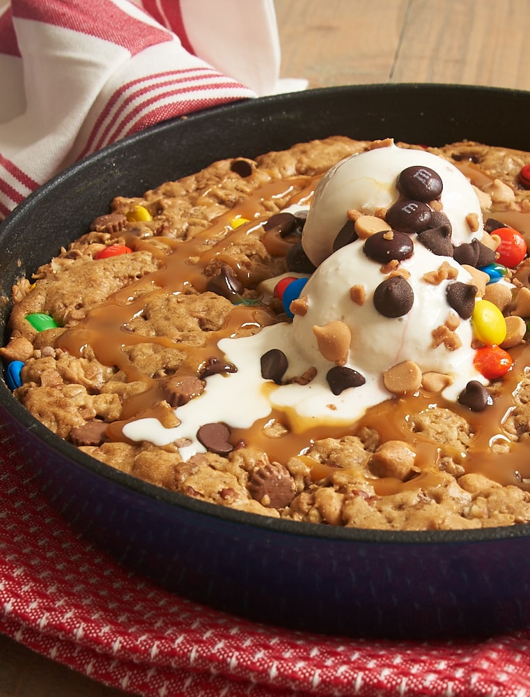 Monster Skillet Cookie topped with ice cream