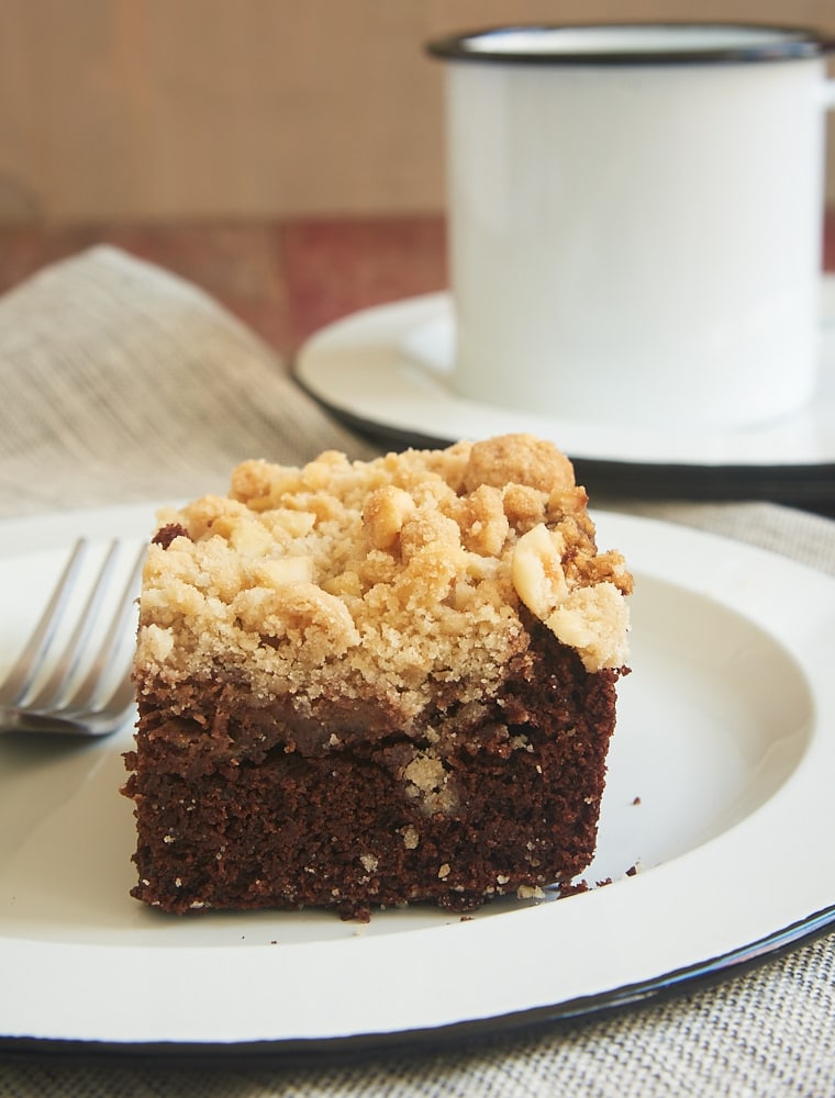 Chocolate cake, sweet cream cheese, and a nutty crumb topping combine to make this fantastic Chocolate Cream Cheese Coffee Cake! - Bake or Break