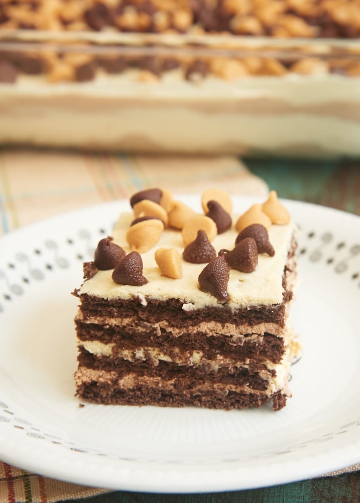 Chocolate Peanut Butter Icebox Cake served on a black-rimmed white plate