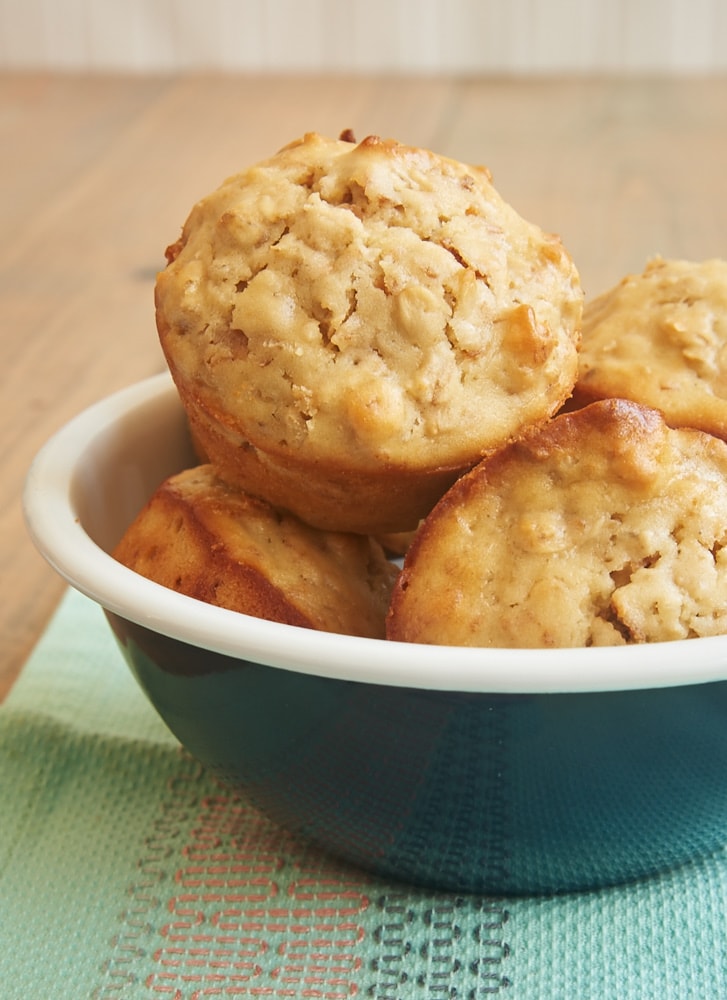 Coconut Cream Cheese Oat Muffins in a blue bowl