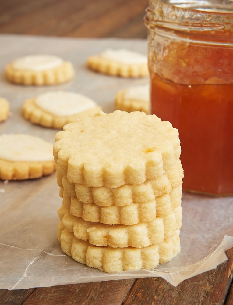 Stack of peach shortbread cookies.