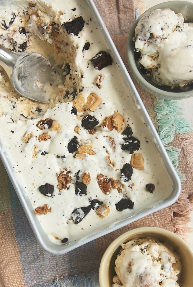 metal pan of All the Cookies No-Churn Ice Cream